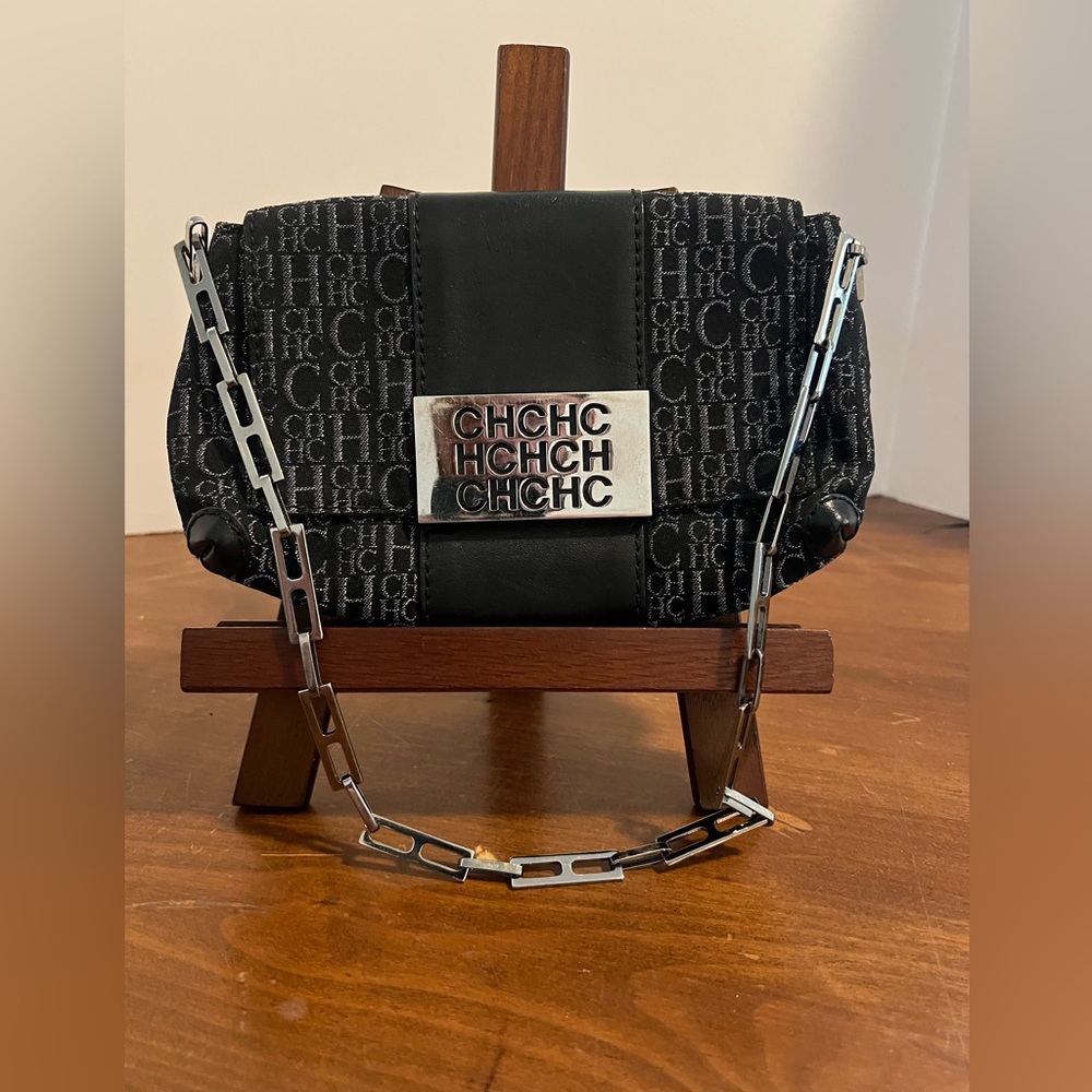 Carolina Herrera VTG Monograme Canvas Leather CH Shoulder Bag WOMENS Black. Mint